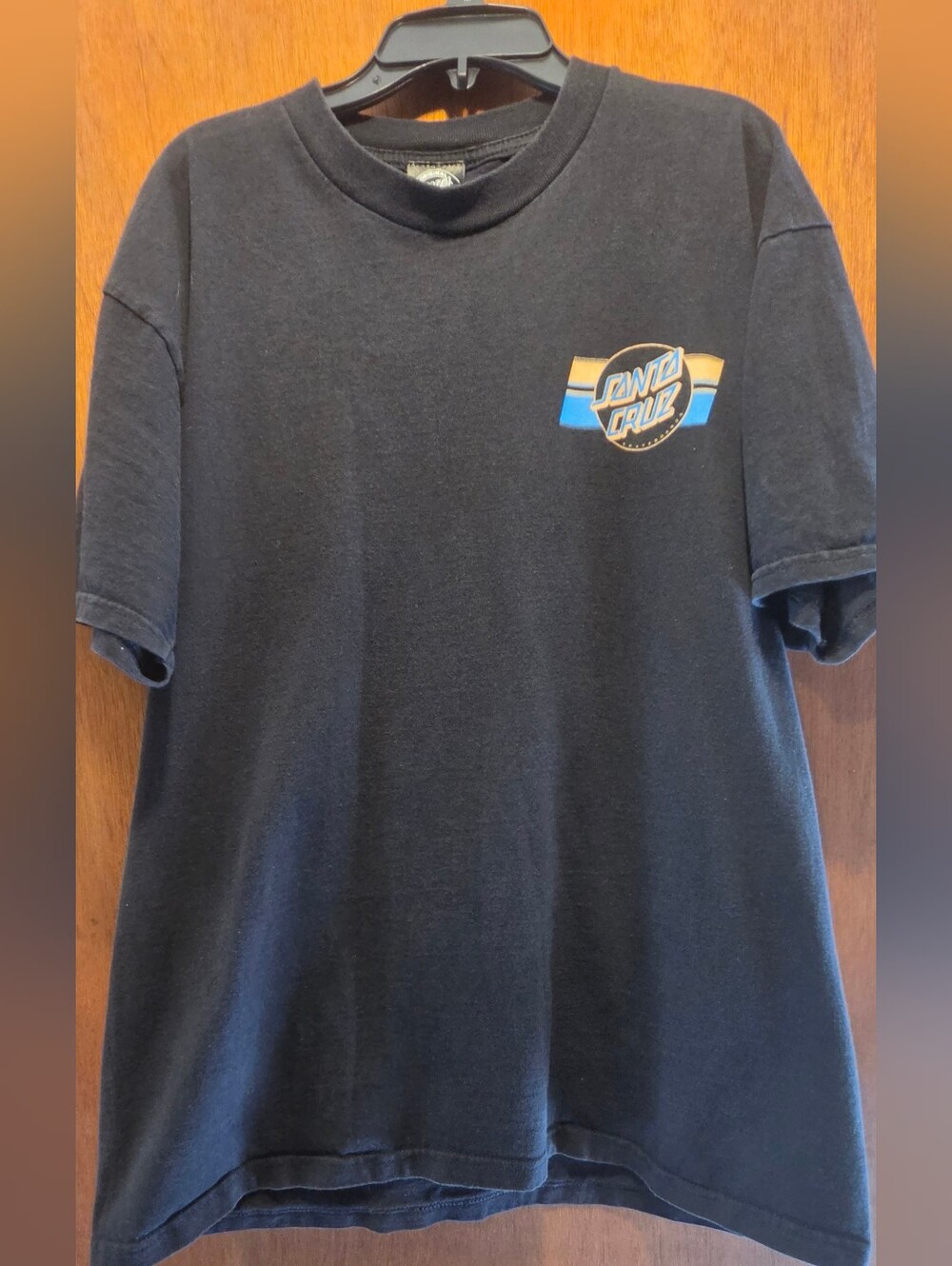 Santa Cruz Skateboards Black Tee with Blue and Gold Chest Logo SzXL